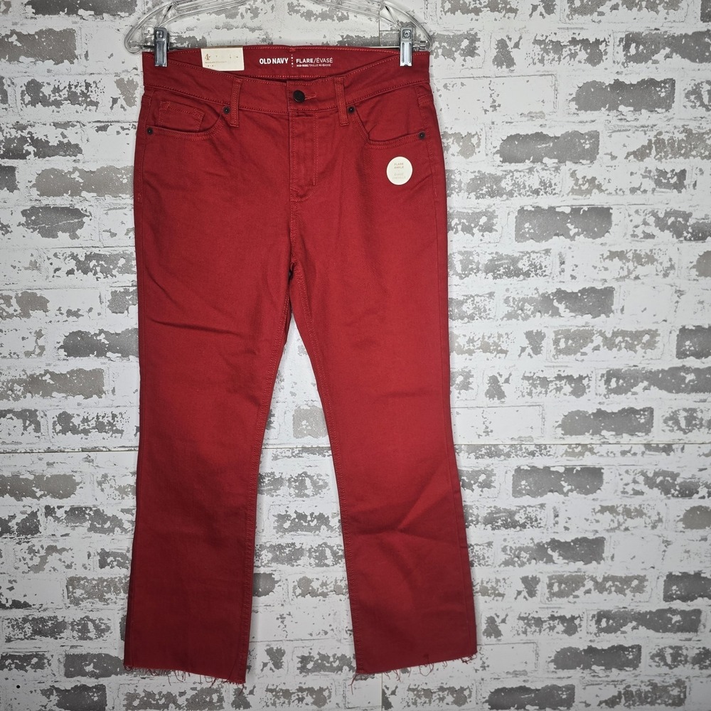NWT‎ Old Navy Jeans Womens 4R Berry Sorbet Red Mid Rise Ankle Flare Leg Raw Hem